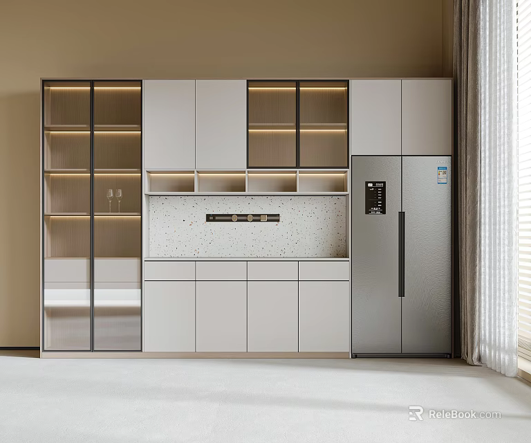 Modern Kitchen Cabinets Featuring White Light Gray Design Glass Door Display and Patterned Countertop 3d model