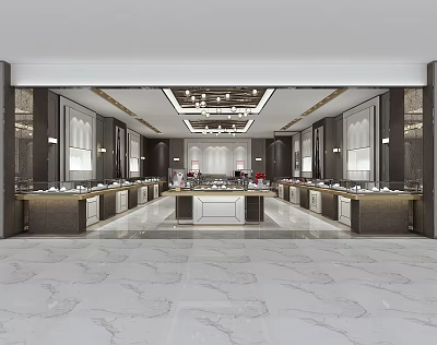 Jewelry Store Interior Design With Glass Display Cases Wooden Counter And Chandeliers 3d model