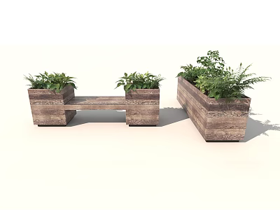 Stylish Outdoor Wooden Garden Planters With Bench Design And Green Plants 3d model