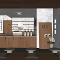 93℃ Café Interior With Wooden Counter White Cups Hanging Lights And Gray Cushions