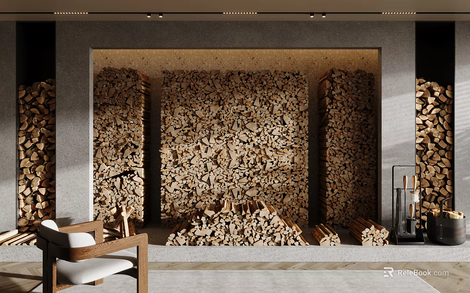 Rustic Fireplace Interior Design With Stacked Wood Wall And Wooden Chair 3d model 