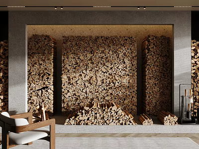 Rustic Fireplace Interior Design With Stacked Wood Wall And Wooden Chair 3d model