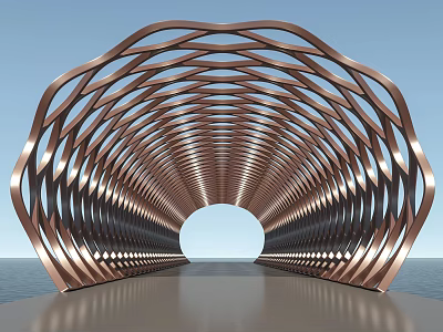 Copper Colored Metal Pergola With Interlaced Arch Design Over Smooth Floor By Water 3d model