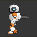 White And Orange Humanoid Robot With Antennas Round Eyes Standing On Black Background With Reflection