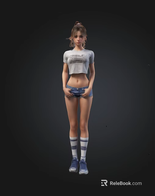 Stylish Female Figure Wearing Cropped T-shirt Denim Shorts And Striped Socks 3d model 