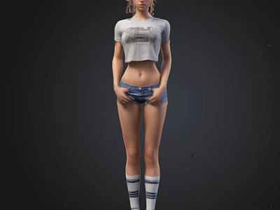 Stylish Female Figure Wearing Cropped T-shirt Denim Shorts And Striped Socks 3d model
