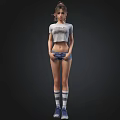 Stylish Female Figure Wearing Cropped T-shirt Denim Shorts And Striped Socks