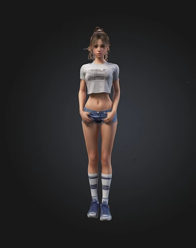 Stylish Female Figure Wearing Cropped T-shirt Denim Shorts And Striped Socks 3d model