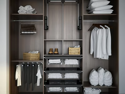 Modern Organized Wardrobe Interior with Hanging Shirts Shelves Storage Baskets and Towels 3d model