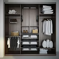Modern Organized Wardrobe Interior with Hanging Shirts Shelves Storage Baskets and Towels