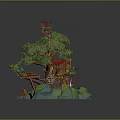Whimsical Wooden Treehouse Structure With Red Roofs Green Foliage And Elevated Platforms 3d model