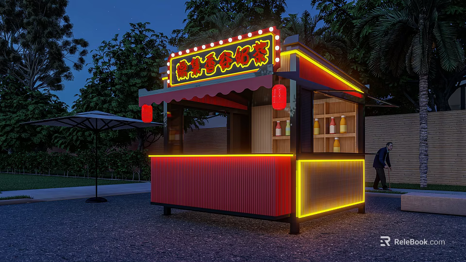 Wooden Cabin Stall With Neon Sign And Red Lanterns At Night 3d model 