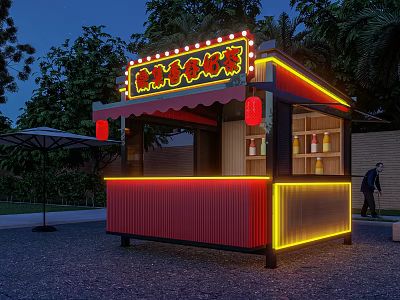 Wooden Cabin Stall With Neon Sign And Red Lanterns At Night 3d model