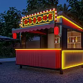 Wooden Cabin Stall With Neon Sign And Red Lanterns At Night