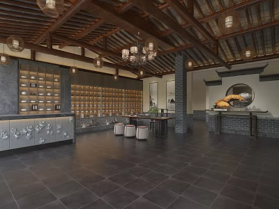 Traditional Chinese Teahouse Interior Featuring Wooden Roof Chandeliers Tea Set Shelves And Round Window Decor 3d model