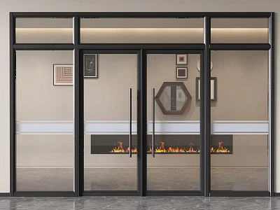 Black Frame Glass Double Doors In Modern Interior With Fireplace And Decorative Paintings 3d model