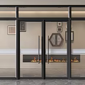 Black Frame Glass Double Doors In Modern Interior With Fireplace And Decorative Paintings
