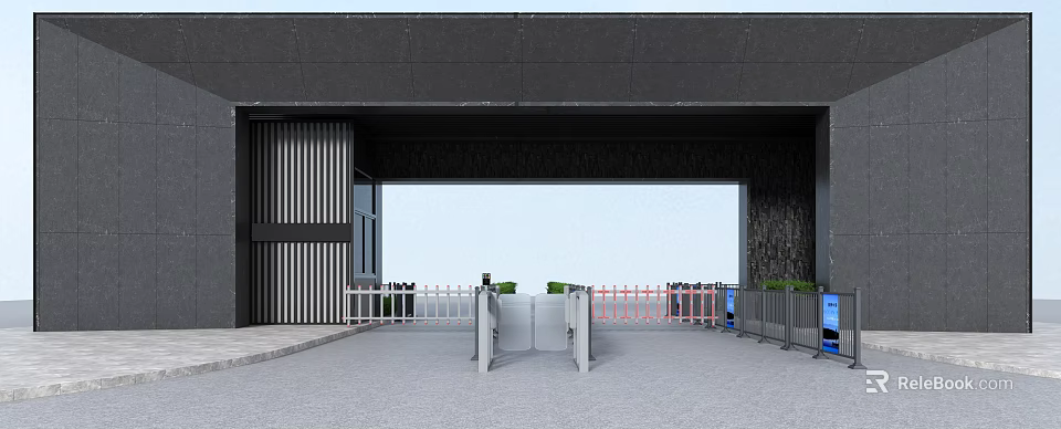 Modern Commercial Entrance Gate With Metal Strips Turnstile Gates And Stone Wall 3d model 