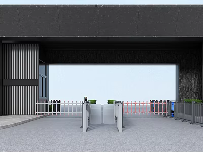 Modern Commercial Entrance Gate With Metal Strips Turnstile Gates And Stone Wall 3d model