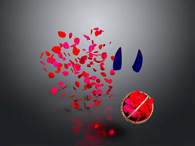 Red And Pink Flower Petals Scattered With Blue Leaves Near Decorative Basket Holding Red Blooms 3d model