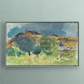 Vintage Artwork Featuring Running Horses Riders Arched Doorway People Yellow And White Flags