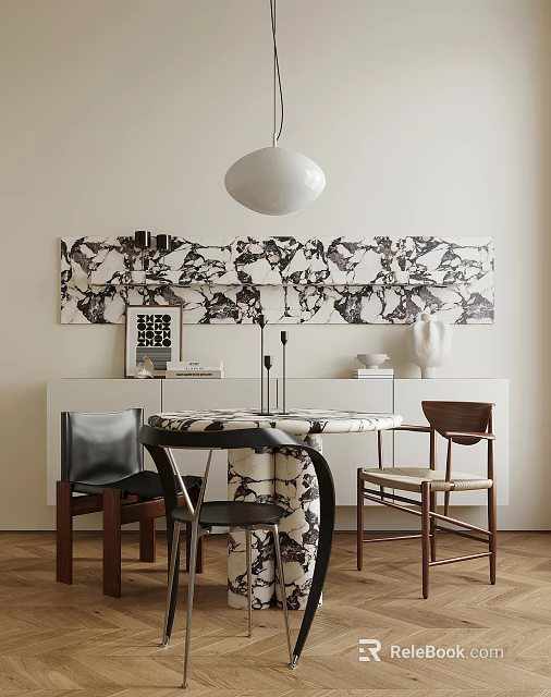 Modern Dining Table Set With Marble Pattern Wall Art White Pendant Light And Mixed Chairs 3d model