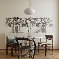 Modern Dining Table Set With Marble Pattern Wall Art White Pendant Light And Mixed Chairs 3d model