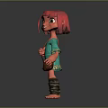 Cartoon Style 3D Female Character With Red Short Hair Green Top Brown Satchel And Barefoot