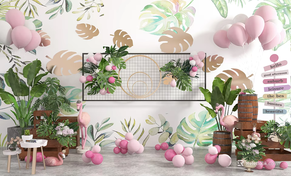 Tropical Leaf Wall Decor With Pink Balloons Flamingo Ornaments And Wooden Barrels 3d model 