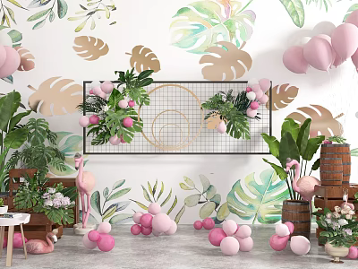 Tropical Leaf Wall Decor With Pink Balloons Flamingo Ornaments And Wooden Barrels 3d model