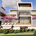 Luxury Seaside Villa Modern Architecture Infinity Pool Palm Trees Terrace People Enjoying View