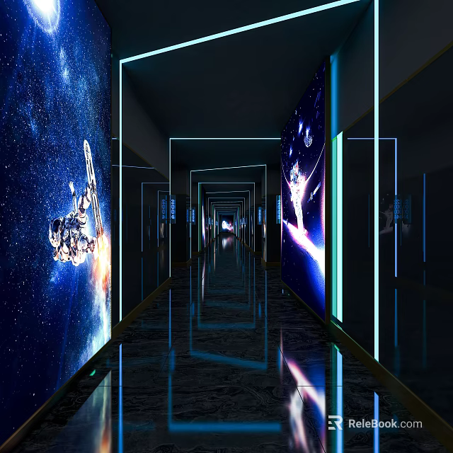 KTV Hallway In Modern Tech Style With Starry Sky Background Illuminated Lines And Reflective Floor 3d model 