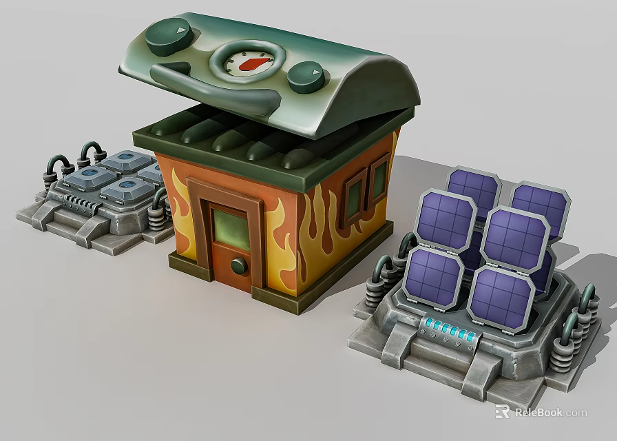 Mini Household Electrical Appliance With Gauge Buttons Flame Patterns And Blue Square Modules 3d model 