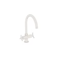 Sleek Modern Polished Stainless Steel Double Faucets With Curved Spouts And Handles