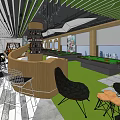 Modern Lounge Area With White Marble Floor Black Lines Curved Wooden Bench Glass And Greenery