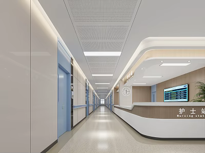 Hospital Outpatient Clinic Corridor Featuring Nurse Station White Walls Blue Doors And Ceiling Lights 3d model