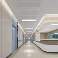 Hospital Outpatient Clinic Corridor Featuring Nurse Station White Walls Blue Doors And Ceiling Lights