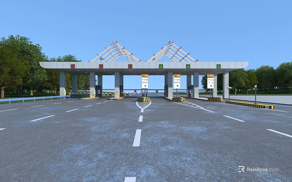 Toll Plaza Structure with Canopy Lanes Signs and Green Trees Under Blue Sky 3d model 