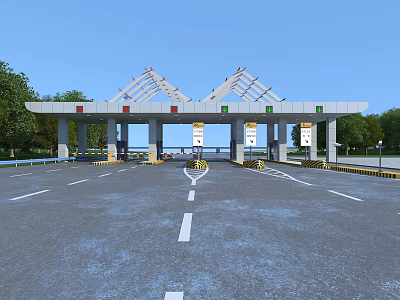 Toll Plaza Structure with Canopy Lanes Signs and Green Trees Under Blue Sky 3d model