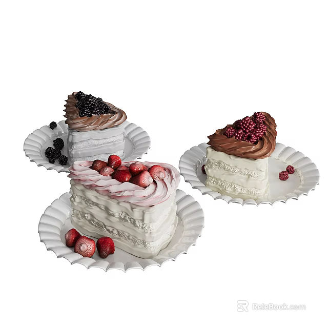 Assorted Layered Cakes Topped with Fresh Berries on White Paper Plates 3d model 