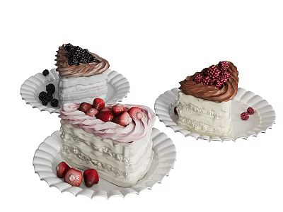 Assorted Layered Cakes Topped with Fresh Berries on White Paper Plates 3d model