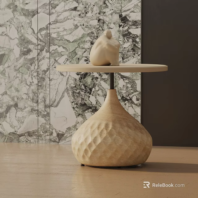 Modern Wooden Side Table With Round Top Unique Base And Decorative Sculpture 3d model 