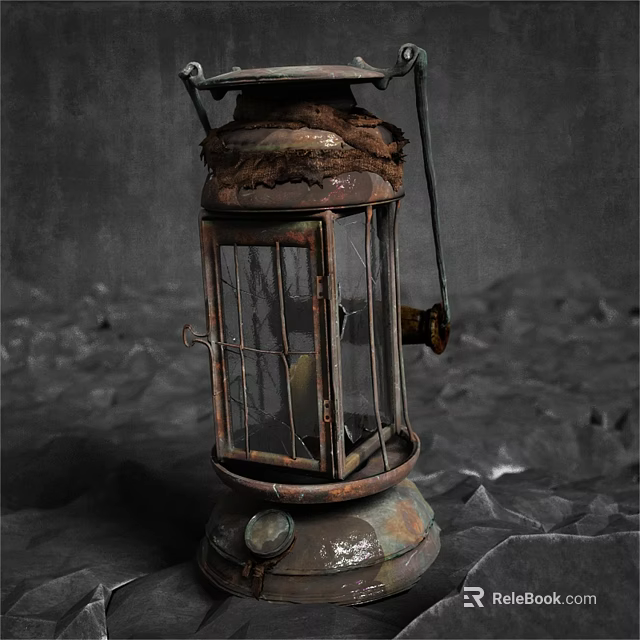 Rustic Metal Sculpture Carving of Vintage Kerosene Lamp with Glass Cover 3d model 