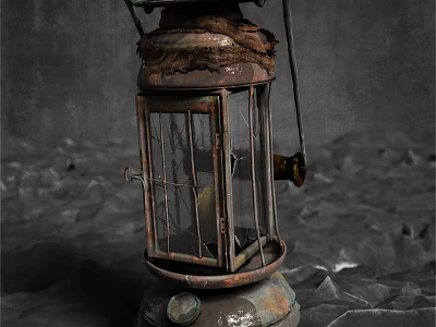 Rustic Metal Sculpture Carving of Vintage Kerosene Lamp with Glass Cover 3d model