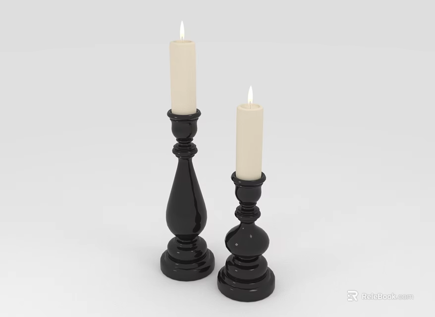 Two Ornate Black Candle Holders With White Candles And Classic Bases For Home Decor 3d model 