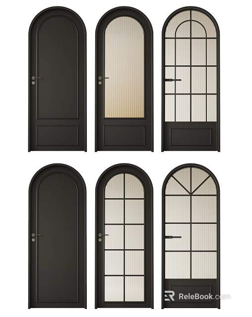 Black Swing Doors With Different Designs Ribbed Glass Grid Patterns And Arched Shapes 3d model 