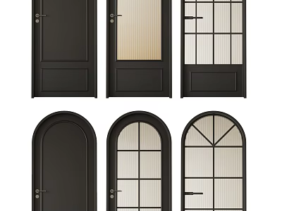 Black Swing Doors With Different Designs Ribbed Glass Grid Patterns And Arched Shapes 3d model