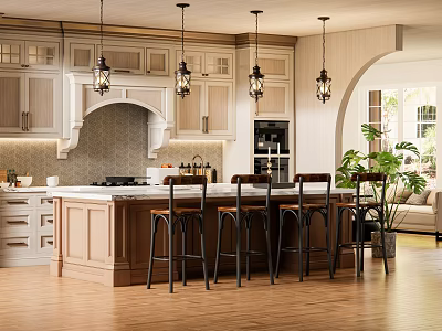 Open Kitchen Interior With Island Counter Bar Stools Wooden Cabinets Pendant Lights And Natural Light 3d model