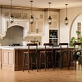 Open Kitchen Interior With Island Counter Bar Stools Wooden Cabinets Pendant Lights And Natural Light