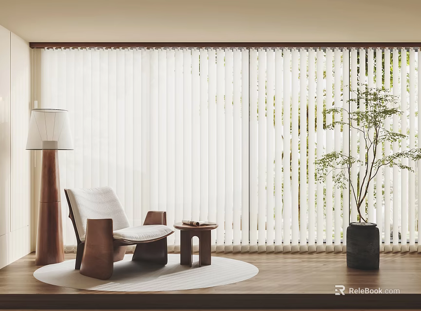 Bright Modern Interior With White Vertical Blinds Floor Lamp Armchair Side Table And Greenery Outside 3d model 
